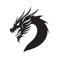 Stylized black dragon silhouette with fierce expression and flowing tail.