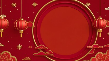 Chinese New Year 2025 Banner &ndash; Traditional Red Greeting Card with Lanterns and Circle Frame for Product Display, cultural Chinese design, Lunar new year