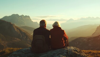 Fototapeta premium Serene Couple Enjoys Breathtaking Mountain View at Sunset, Capturing a Moment of Peace and Connection in Nature's Embrace with Warm Colors and Scenic Landscape