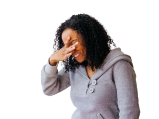 Woman In Gray Sweater With Hand Covering Face On A Transparent Background