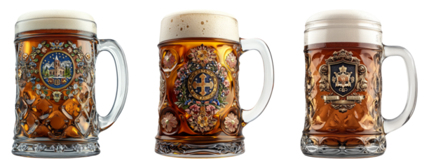 Three Unique Beer Mugs with Decorative Designs on White Background