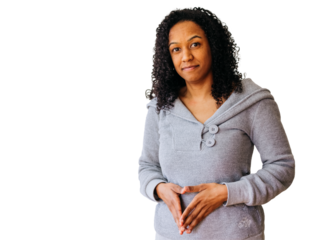 Woman In Gray Sweater With Confident Expression Making A Heart Gesture On A Transparent Background
