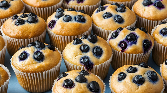 A collection of freshly baked muffins with domed tops, filled with blueberries and chocolate chips, arranged in neat rows