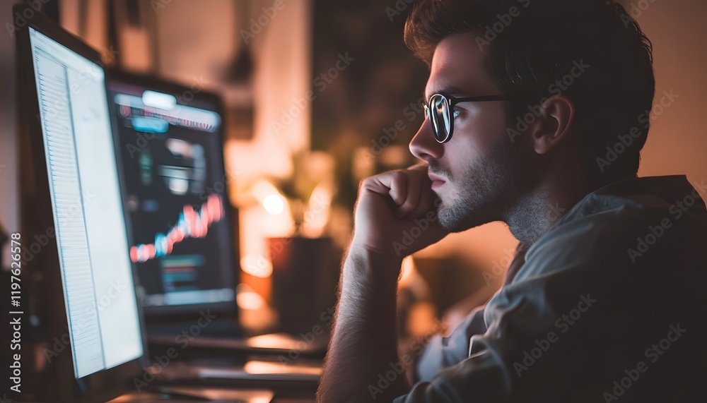 Poster Young man focused on computer screen analyzing data and financial charts in a dimly lit workspace, highlighting productivity and concentration in the digital age