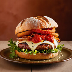 Delicious burger with many meat cheese tomatoes lettuce ingredients
