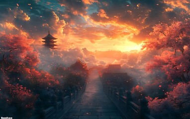 Tranquil Chinese Temple Pathway at Sunset