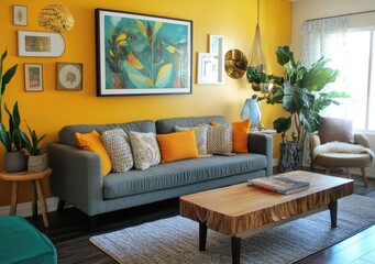 a living room with mustard yellow walls, framed art on the wall, and a teal sofa. In front is an olive wood stool with a brown fabric throw over it