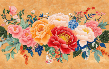 Chinese New Year Embroidery Design with Peony and Chinese Flowers