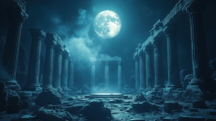 Mystical ruins illuminated by a full moon, surrounded by fog and ancient columns, evoking mystery