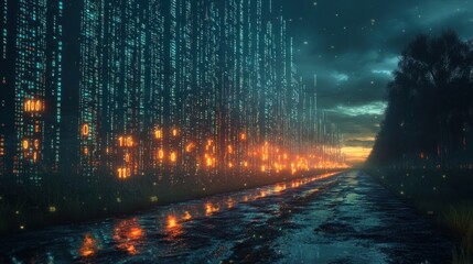 Surreal digital code landscape at sunset, reflecting in water, along a dark road.