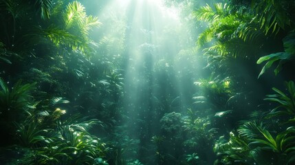 Obraz premium Sunbeams pierce dense jungle foliage, creating a mystical, atmospheric scene.