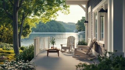 Fototapeta premium Lakehouse front porch with Adirondack chairs, water views and small coffee table, generative ai