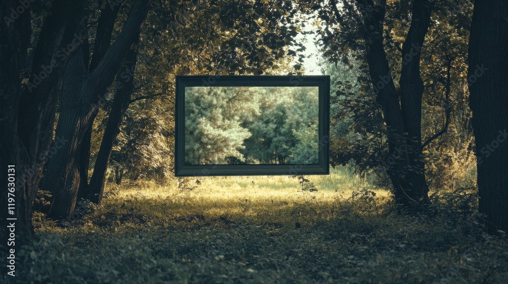 Poster Floating frame in a serene forest setting with space for creative text placement. Generative AI