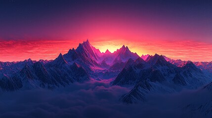 Vibrant sunset over snow-capped mountains.