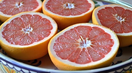 A close-up of grapefruit halves placed neatly in a decorative bowl, highlighting their pink segments and glistening juicy pulp under natural lighting