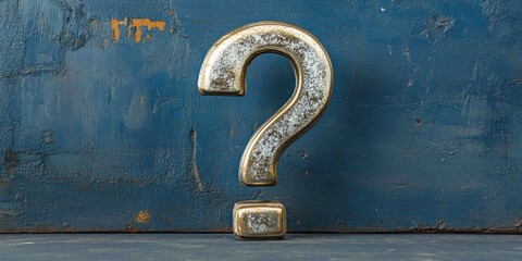 Metal question mark on blue wall
