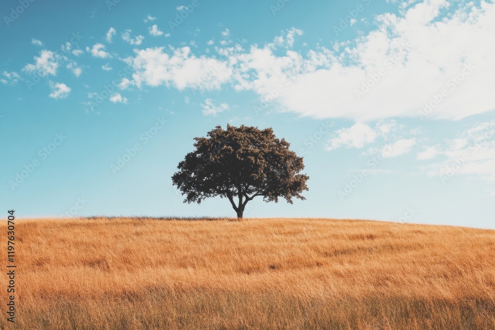 Poster vibrant landscape with a solitary tree on a golden field under a clear blue sky. generative ai