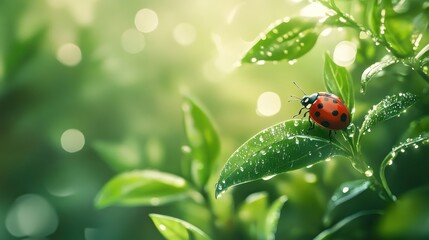 Ladybug on dewy green leaf in sunlight.