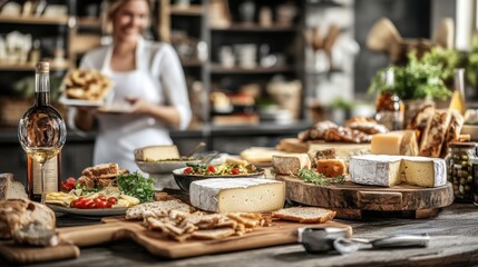Elegant cheese and wine table with fresh gourmet bread