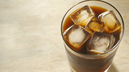 A plain glass filled with cold brew coffee and large ice cubes, no garnish, placed on a light wooden surface under natural daylight