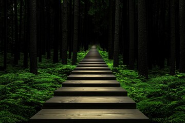 Obraz premium goal of life concept A wooden path leads through a dark forest, surrounded by lush greenery, creating a serene and mysterious atmosphere.