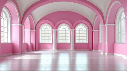 Fototapeta premium Pink Palace Hall: A spacious grand hall adorned with a delicate pink color scheme. Arched windows and columns create a sense of grandeur. The soft light casts long shadows across the gleaming floor.