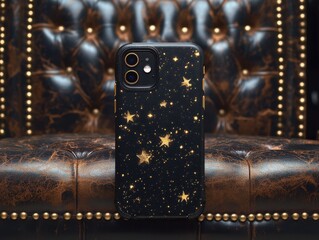 Phone Case with Starry Night Design on Vintage Leather Background
