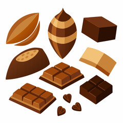 A collection of realistic illustrations depicts various forms of chocolate, including a cocoa pod, chunks, shavings, and stacked squares 