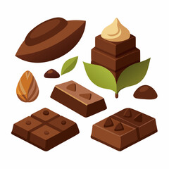 A collection of realistic illustrations depicts various forms of chocolate, including a cocoa pod, chunks, shavings, and stacked squares with white background
