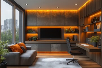 Fototapeta premium Modern Home Office with Warm Lighting and Greenery