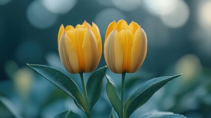 Naklejka premium A Pair of Yellow Tulips, Nature's Delicate Beauty, Soft Focus, Close-up Photography