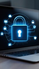 A digital lock icon hovering over a laptop screen, symbolizing the importance of online security and data protection.