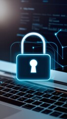 A digital lock icon hovering over a laptop screen, symbolizing the importance of online security and data protection.