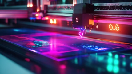 An edge device positioned near a large industrial printer with flashing indicators in vibrant colors. The printers components are highlighted emphasizing the connection between edge