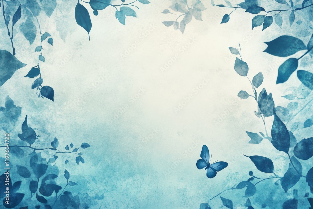 Aufkleber Beautiful blue background with soft foliage and butterfly, ideal for adding text or design elements. Generative AI