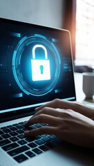 A digital lock icon hovering over a laptop screen, symbolizing the importance of online security and data protection.