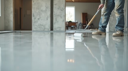 Fototapeta premium Worker Applying Epoxy Resin Coating on Concrete Floor with Roller