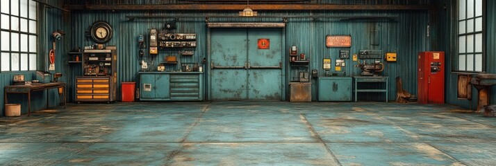 Rustic vintage garage interior with tools, cabinets, and large metal doors.