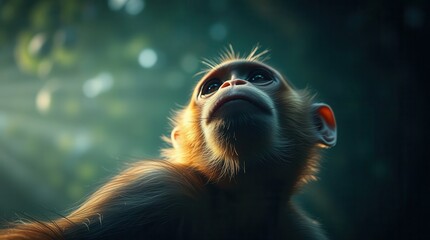 A close-up of a monkey with expressive eyes, gazing upward, illuminated by soft sunlight filtering through a lush forest canopy.  

