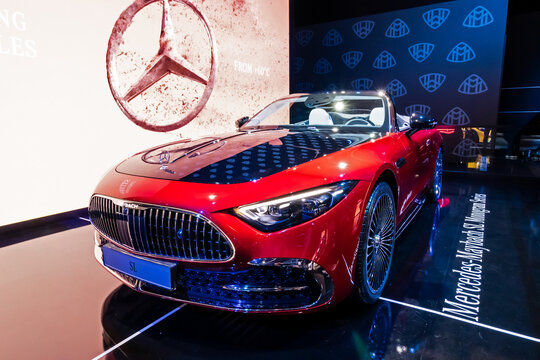 Mercedes-Maybach SL 680 Monogram Series (2026) sports car at the Brussels Motor Show. Brussels, Belgium - January 10, 2025.