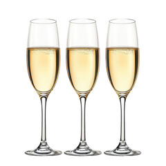 Three elegant champagne glasses filled with sparkling drink, perfect for celebrations and special occasions, an art realistic three glasses champagne isolated, transparent background.