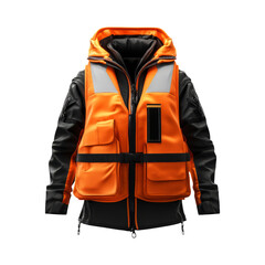 Bright Orange Safety Vest with Reflective Strips on Transparent Background