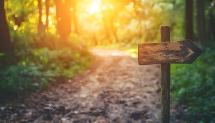 Wooden Signpost Pointing Right on a Forest Pathway Surrounded by Lush Greenery and Bathed in Warm Glowing Light at Sunset, Inviting Outdoor Adventure and Exploration
