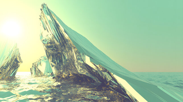 A surreal flow of 3D liquid-like materials cascading into a pool of radiant, reflective surfaces, merging warm and cool tones dynamically 