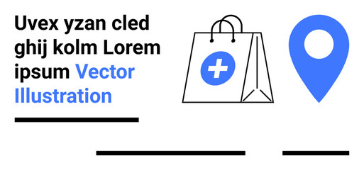 Medical-themed shopping bag with cross symbol and blue location pin. Ideal for healthcare, online shopping, delivery services, medical apps, e-commerce, GPS navigation, and landing pages. Landing