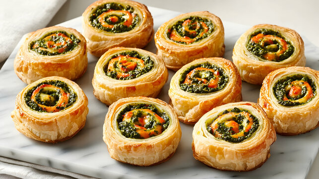 A symmetrical display of freshly baked puff pastry pinwheels filled with vibrant pesto and cheese, arranged on a marble serving tray
