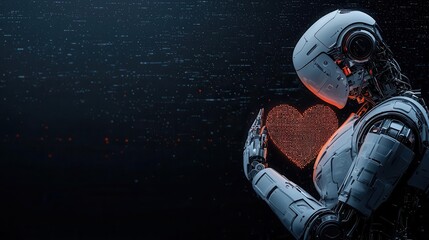 Heartshaped robotic AI assistant glowing softly, designed with Valentineinspired computational capabilities