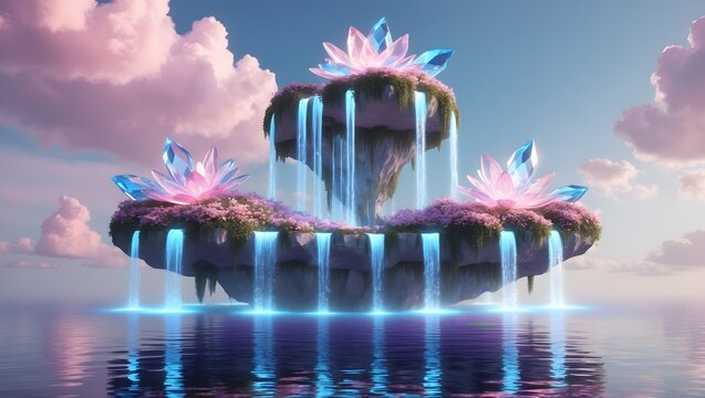 Cute Crystal Waterfall Wallpaper: Pastel Clouds, Sparkling Crystals, and Serene Water