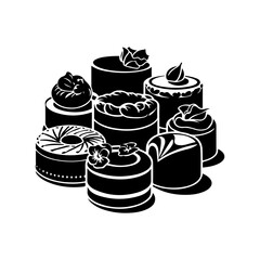 A sophisticated black and white silhouette illustration of various decorated cakes and pastries.