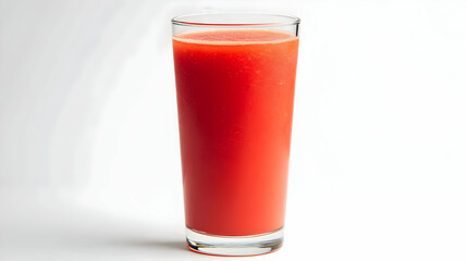 A tall glass of chilled watermelon juice with vibrant red color and no garnish, placed on a plain white background under natural light
